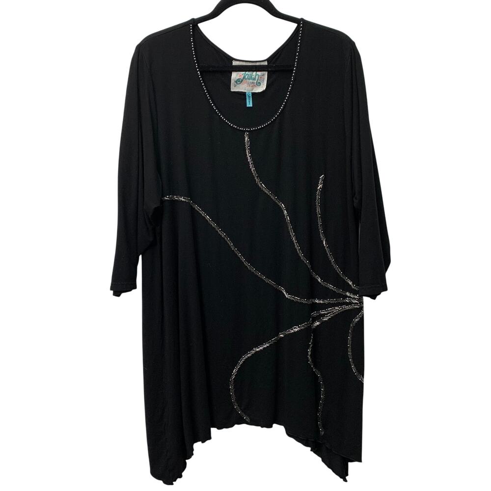 Faith Womens 2X Studded Beaded Black TShirt Dress High Low Hem 3/4 Sleeve Jersey
